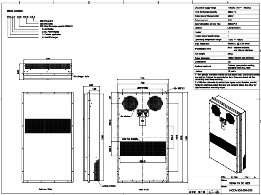 48VDC 325W/K Behuizingswarmtewisselaar met RS485 MODBUS RTU